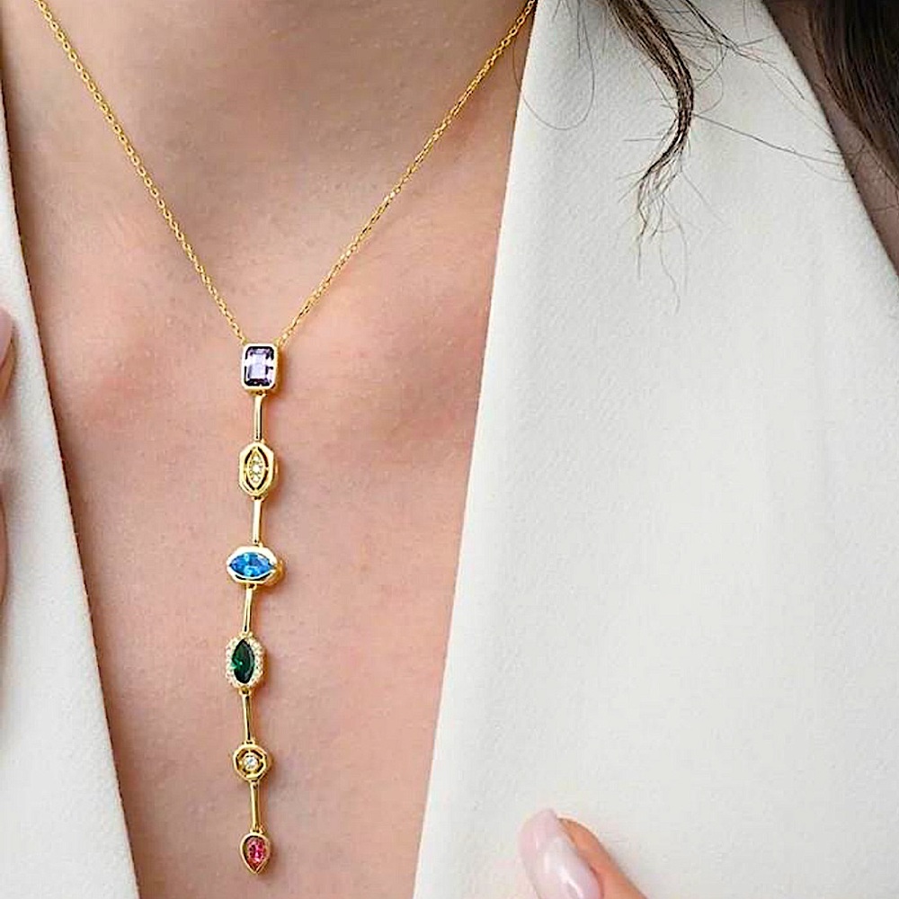 Gold Plated Stainless Steel Multicolor Zircon Tier Necklace Statement - Picture 7 of 17